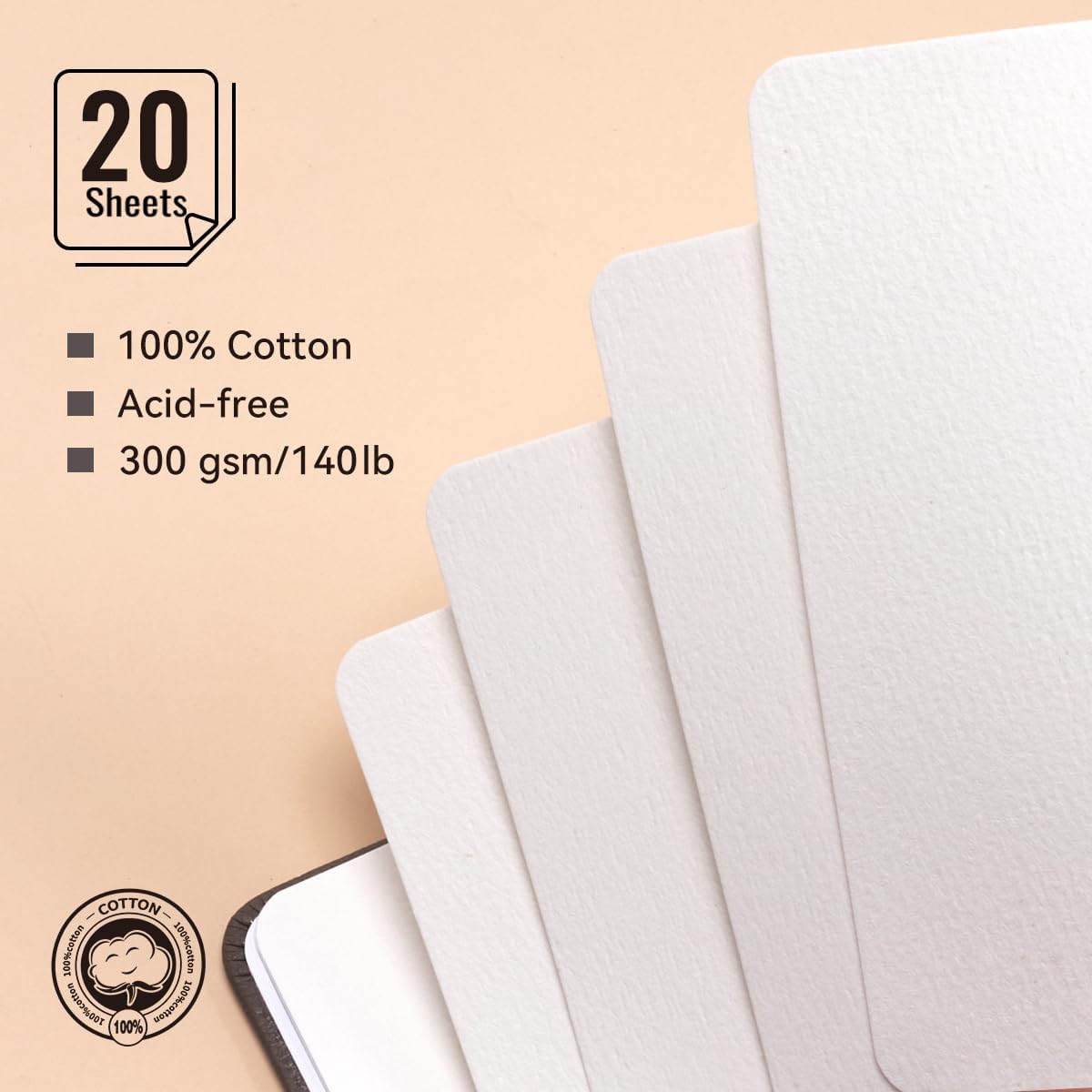 Lightwish Watercolor Journal, 100% Cotton Cold Press Watercolor Paper Sketchbook 7.6” x 5.3”, 20 Sheets (140lb/300gsm), Acid-Free for Watercolors, Gouache, Acrylics