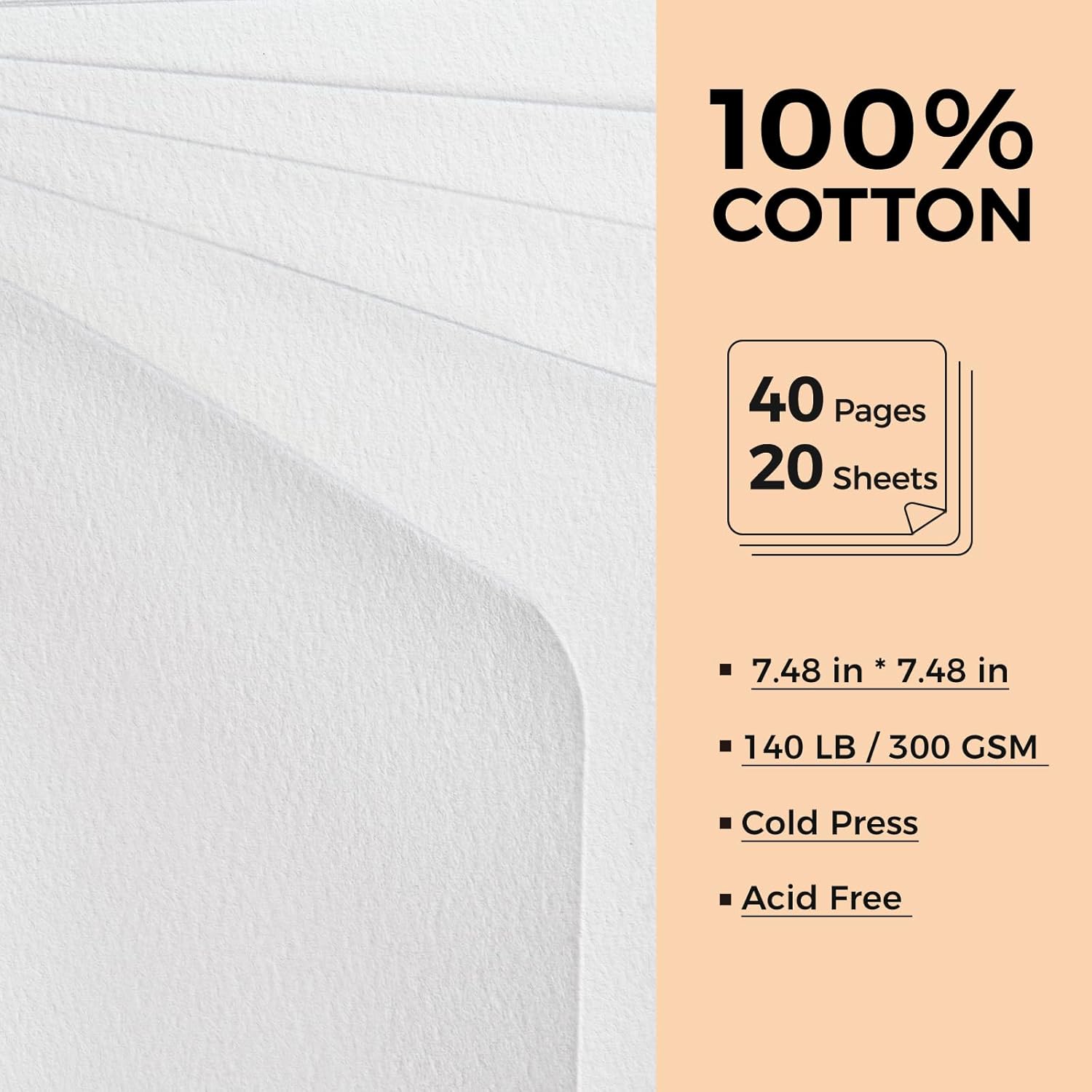 Watercolor Journal - 100% Cotton Cold Press Paper | 20 Sheets 40 Pages | 300GSM (140lb) | Linen Cotton Cover Watercolor Sketch Books for Artists Painting,Mixed Media 7.48 x 7.48 in