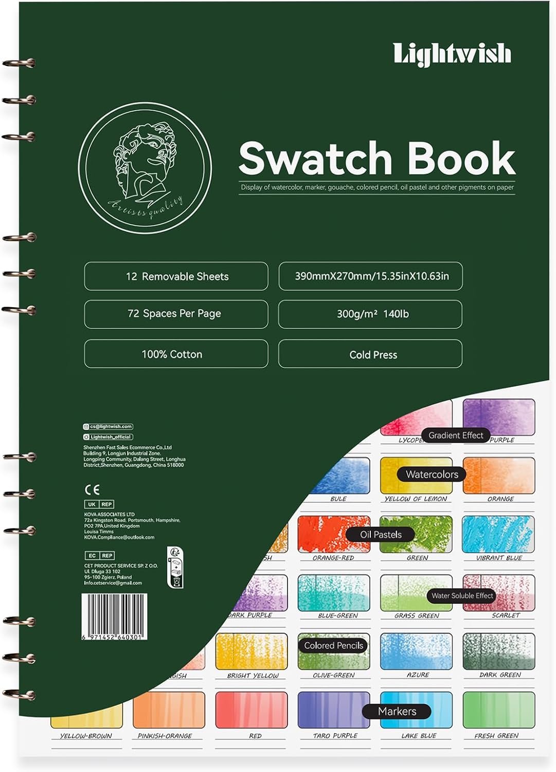 Lightwish Watercolor Swatch Book - 12 Detachable Sheets 100% Cotton 72 Spaces,15.35 * 10.63 in,300gsm/140lb Cold Press for Watercolor, Gouache, Oil Pastels - Spiral-Bound Color Testing Journal