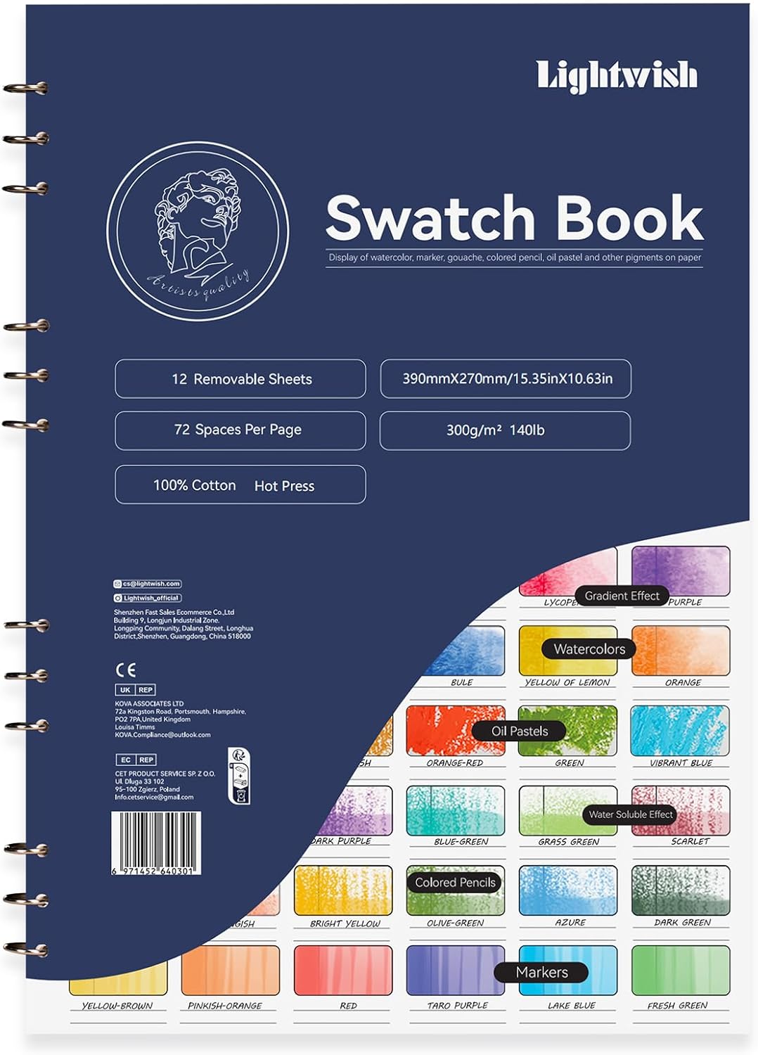Lightwish Watercolor Swatch Book - 12 Detachable Sheets 100% Cotton 72 Spaces,15.35 * 10.63 in,300gsm/140lb Cold Press for Watercolor, Gouache, Oil Pastels - Spiral-Bound Color Testing Journal