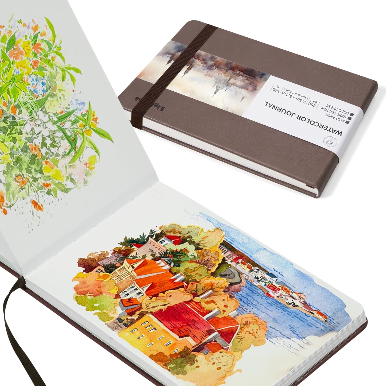 Lightwish Watercolor Journal, 100% Cotton Cold Press Watercolor Paper Sketchbook 7.6” x 5.3”, 20 Sheets (140lb/300gsm), Acid-Free for Watercolors, Gouache, Acrylics