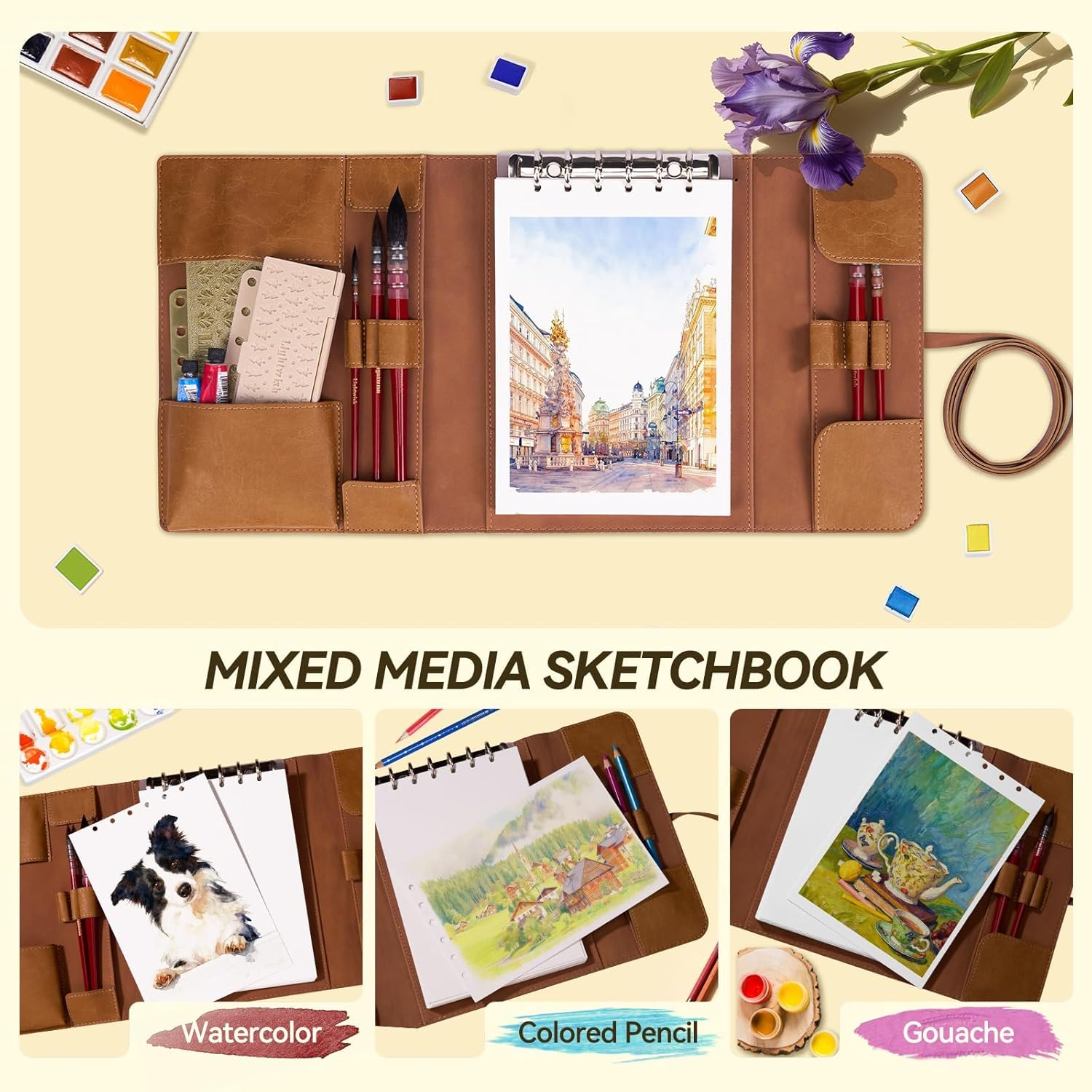 LIGHTWISH Watercolor Pad - A5 20 Sheets 100% Cotton 300GSM Cold Press Paper | Detachable with Backing Board | All-in-One Travel Watercolor Journal with Brush Holders & Storage Pockets