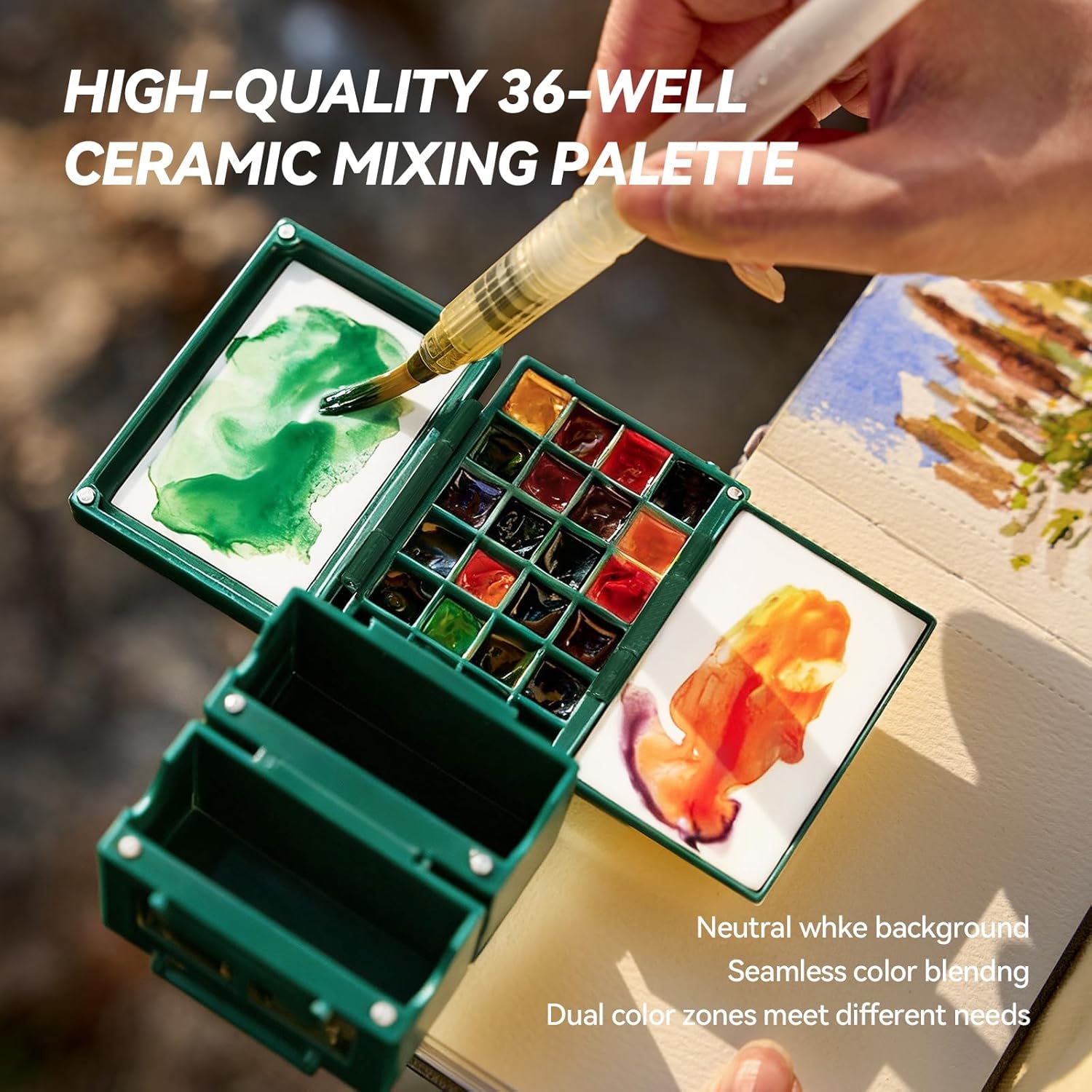 LIGHTWISH Travel Watercolor Set, 24 Colors Full Portable Painting Kit with Water Brush, Watercolor Journal, Ceramic Palette & View Finder - Complete Sketching Supplies for Artists & Beginners Outdoor