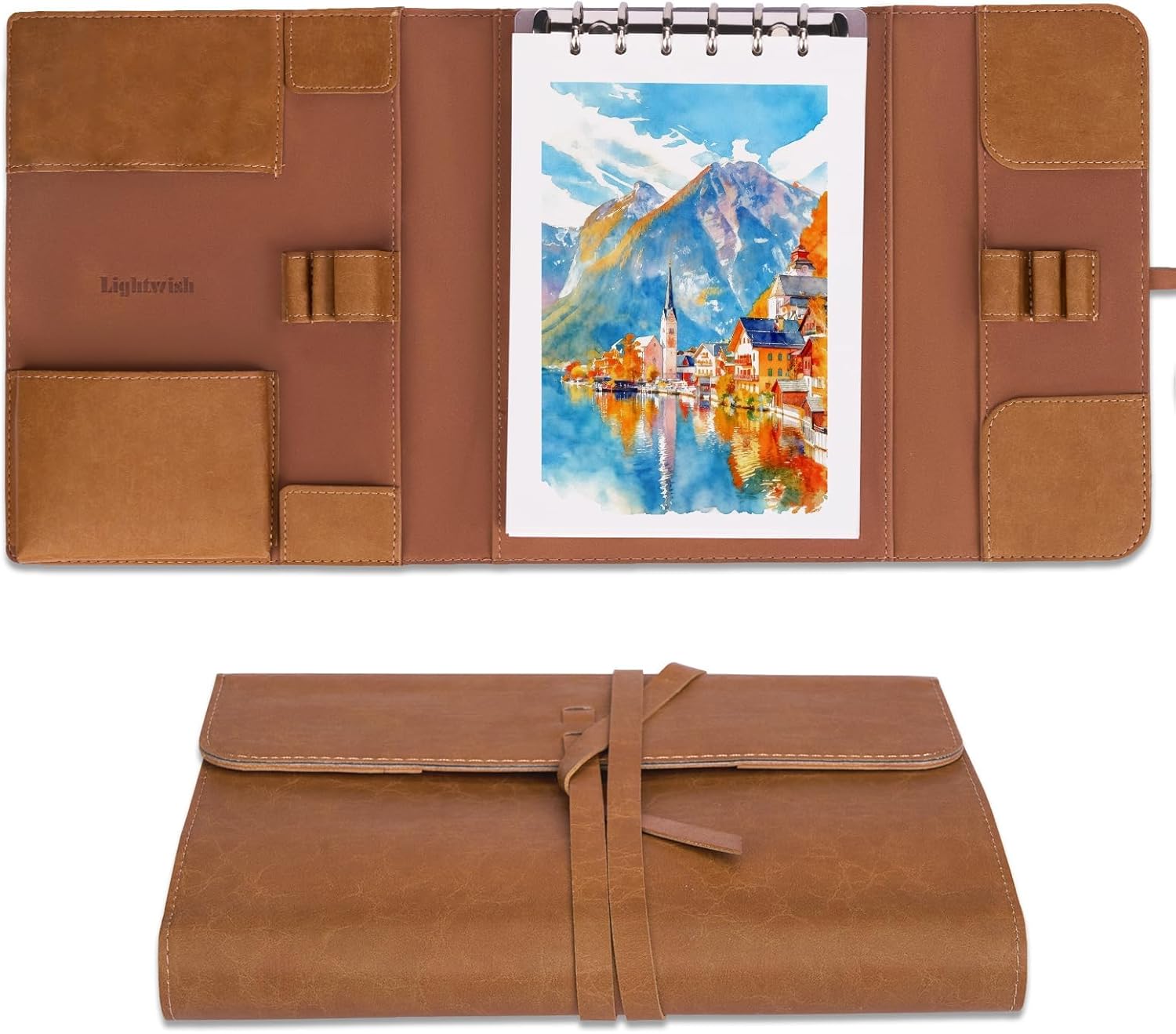 LIGHTWISH Watercolor Pad - A5 20 Sheets 100% Cotton 300GSM Cold Press Paper | Detachable with Backing Board | All-in-One Travel Watercolor Journal with Brush Holders & Storage Pockets