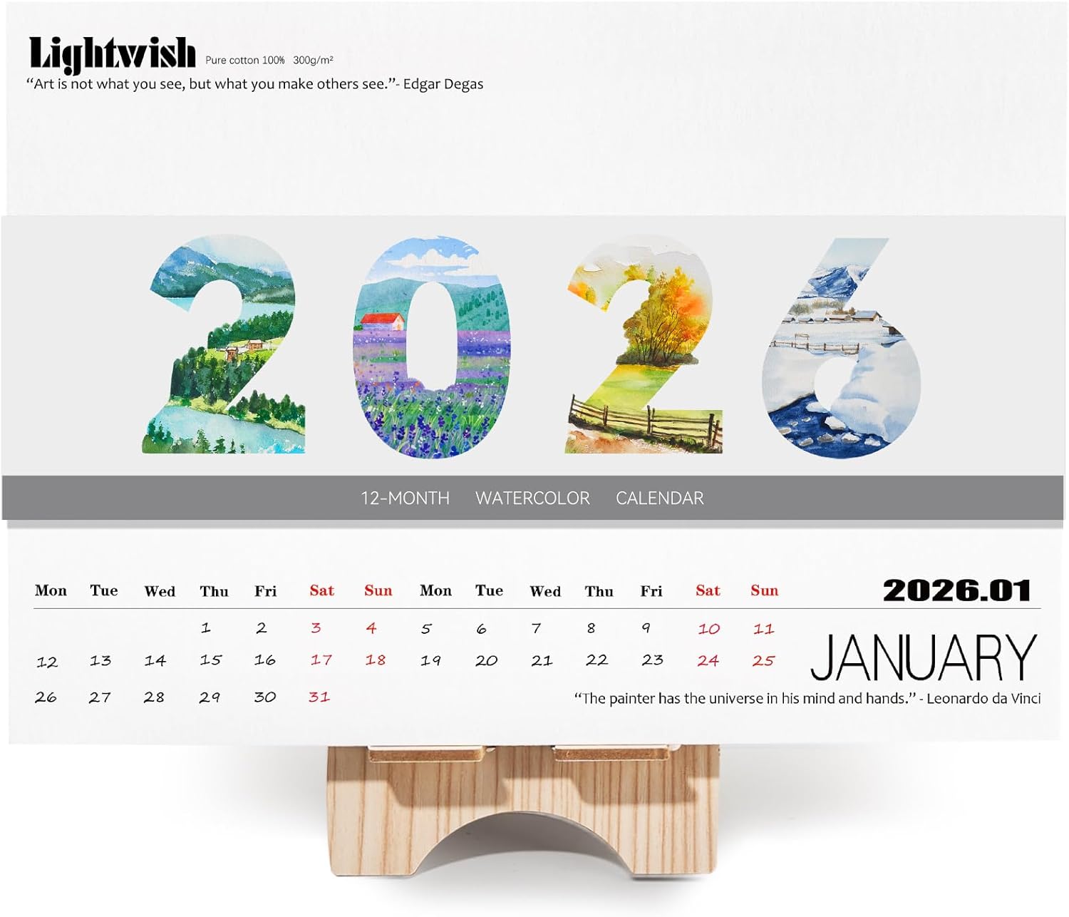 Lightwish Watercolor Calendar Paper for 2026, 100% Cotton, 12 Sheets, 140lb/300gsm, Acid-Free Hot Pressed Watercolor Paper, Art Supplies for Watercolor Crafts and DIY Media