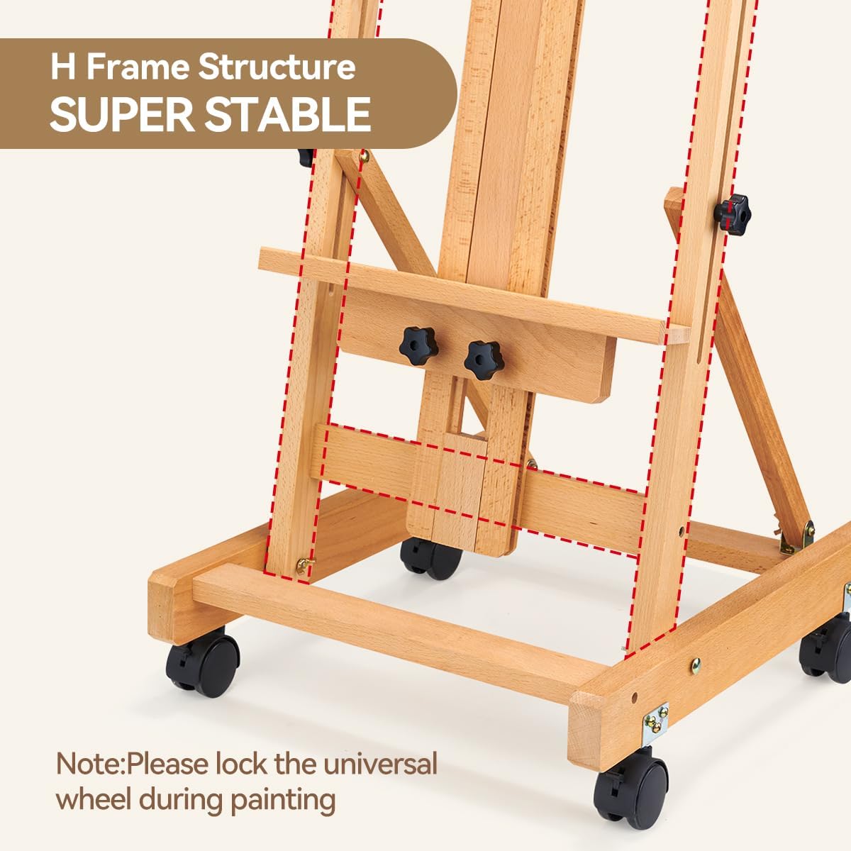 Lightwish H Frame Easel, Hold Canvas up to 70" with 4 Universal Wheels, Beech Wooden Easel for Painting, Adjustable Artist Easels for Painting