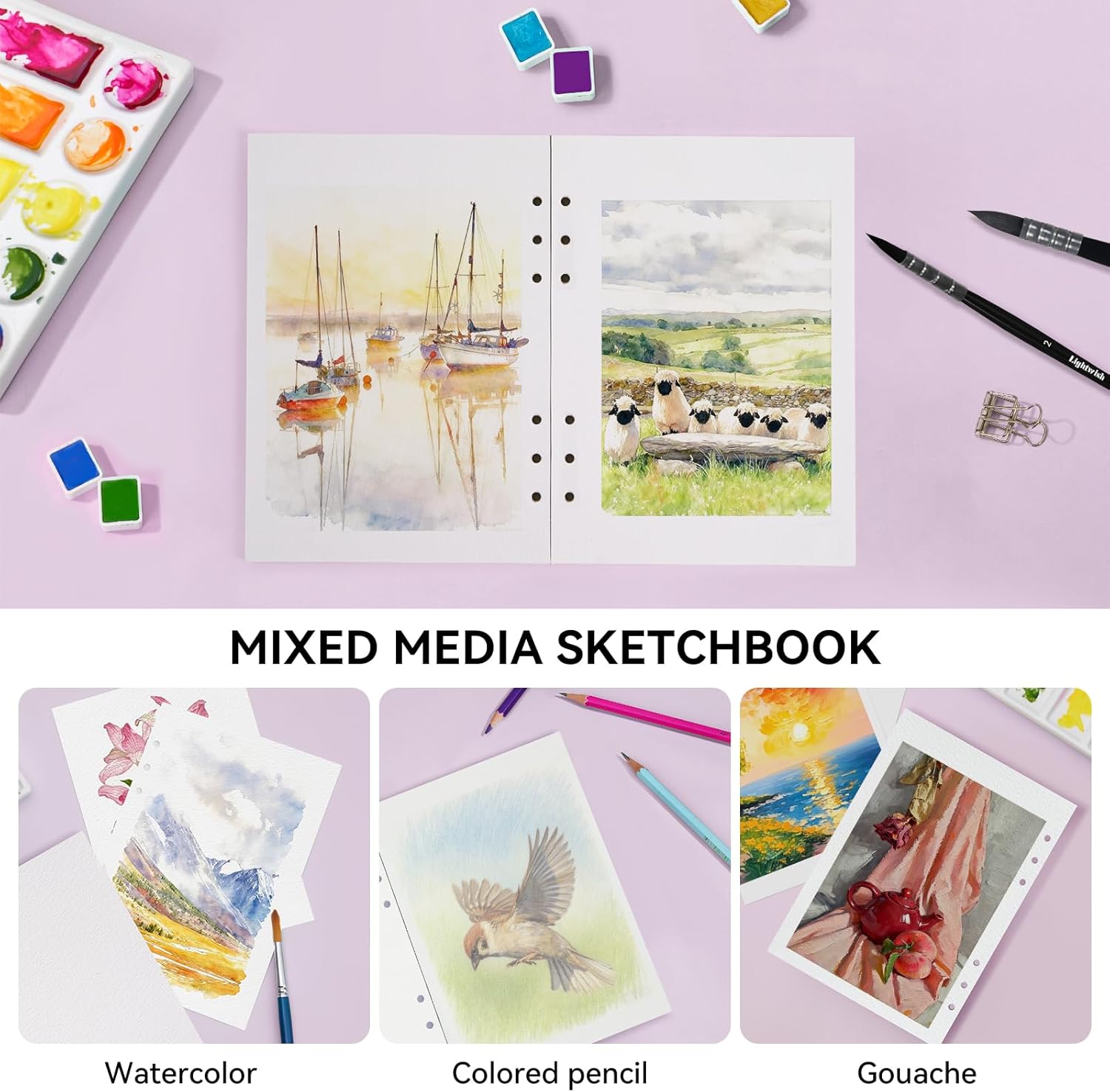 Lightwish Watercolor Paper Bulk Refillable, 100% Cotton Cold Press 300gsm/140lb, 2 Pack, Total 40 Sheets Hole-Punched Replaceable Paper for Artists, Adults, Students,6.7* 3.9 Inches