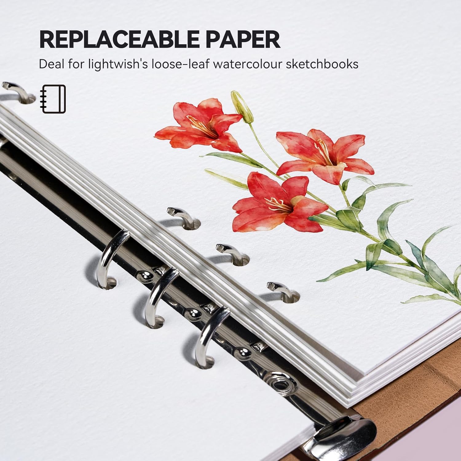 Lightwish Watercolor Paper Bulk Refillable, 100% Cotton Cold Press 300gsm/140lb, 2 Pack, Total 40 Sheets Hole-Punched Replaceable Paper for Artists, Adults, Students,6.7* 3.9 Inches