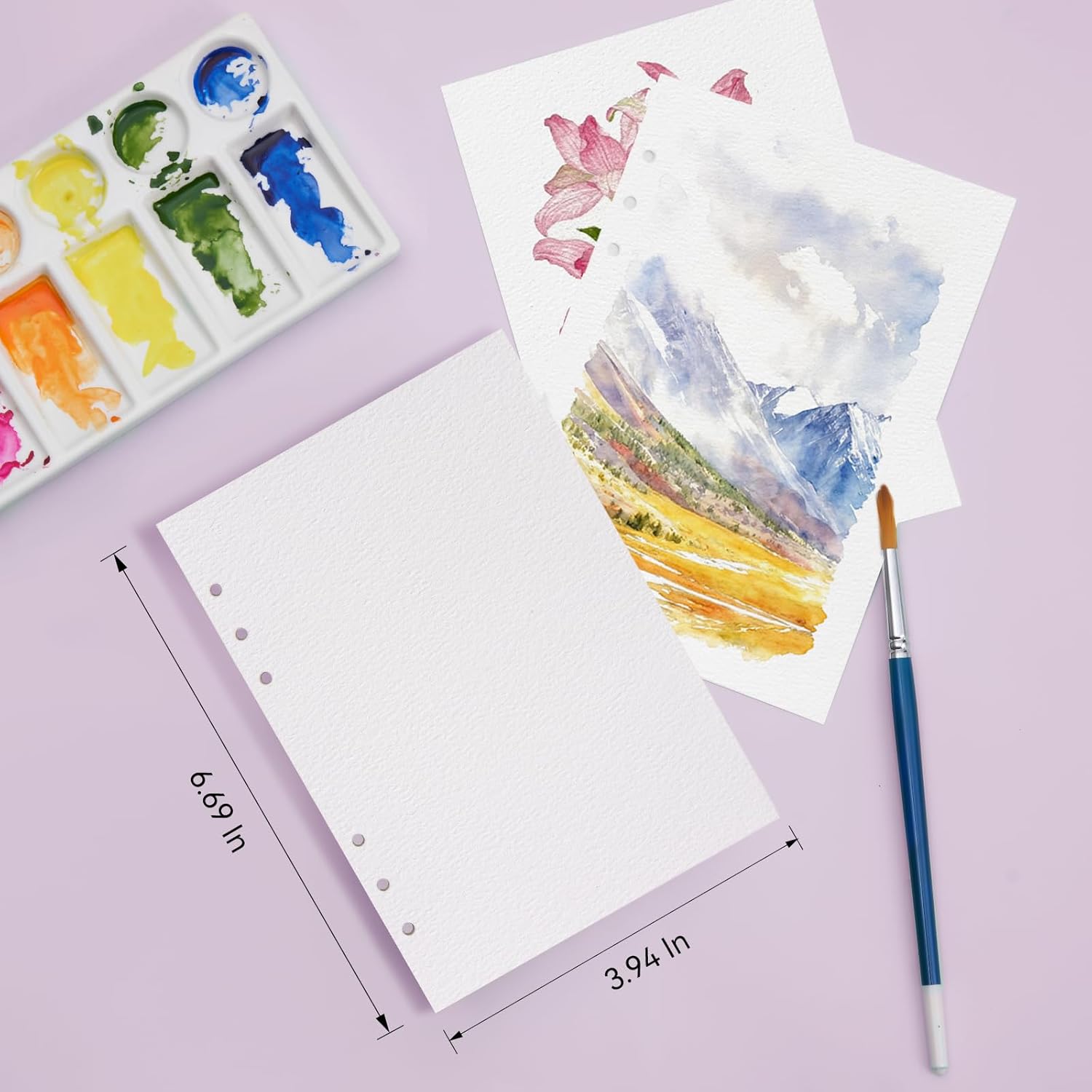 Lightwish Watercolor Paper Bulk Refillable, 100% Cotton Cold Press 300gsm/140lb, 2 Pack, Total 40 Sheets Hole-Punched Replaceable Paper for Artists, Adults, Students,6.7* 3.9 Inches