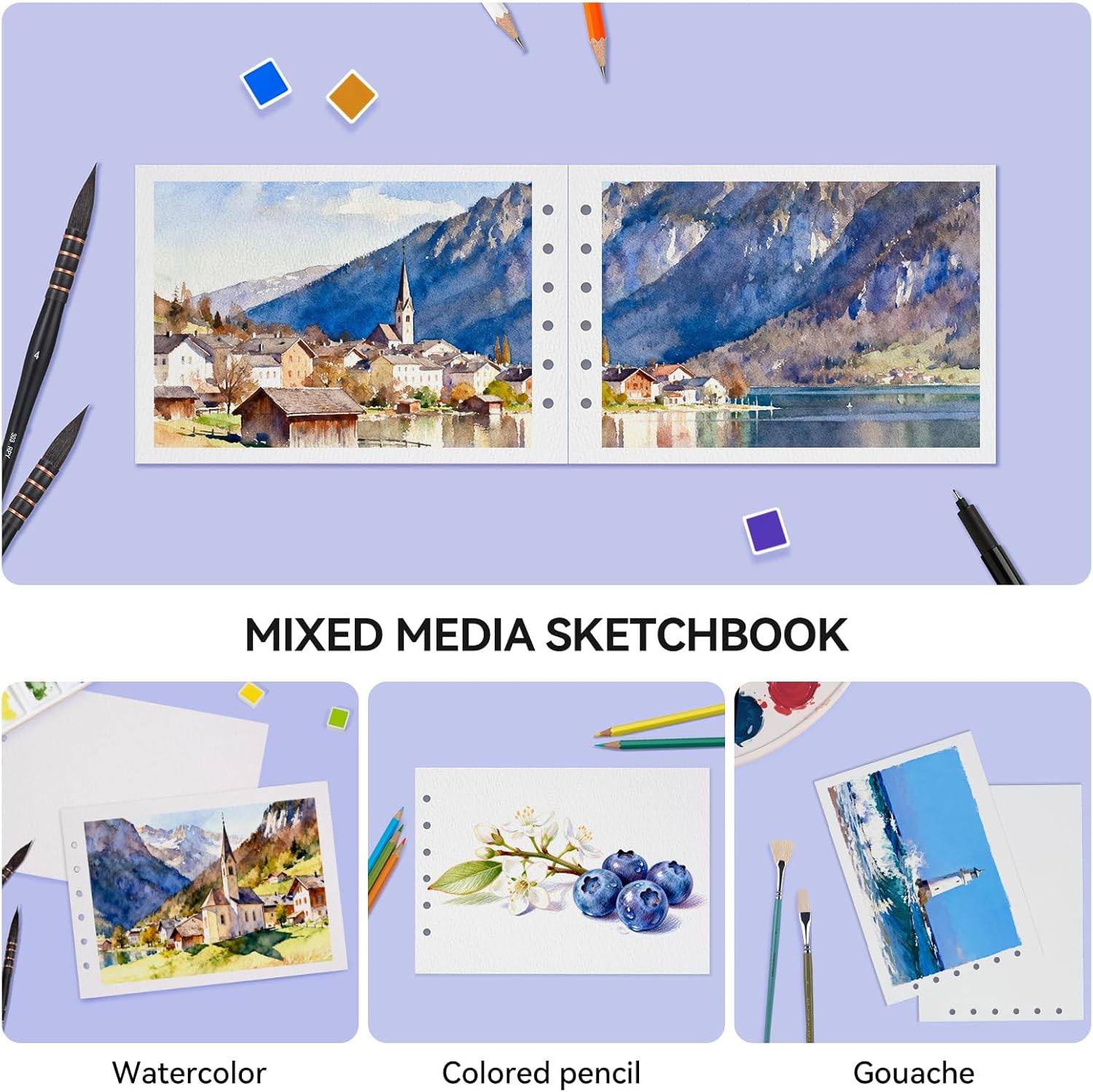 Lightwish Watercolor Paper Refill, 2 Pack 40 Sheets Total - 100% Cotton Acid-Free 300gsm/140lb A5 Landscape Format, Cold Press Texture - Compatible with Lightwish A5 Watercolor Sketchbook (5.8*8.2in)