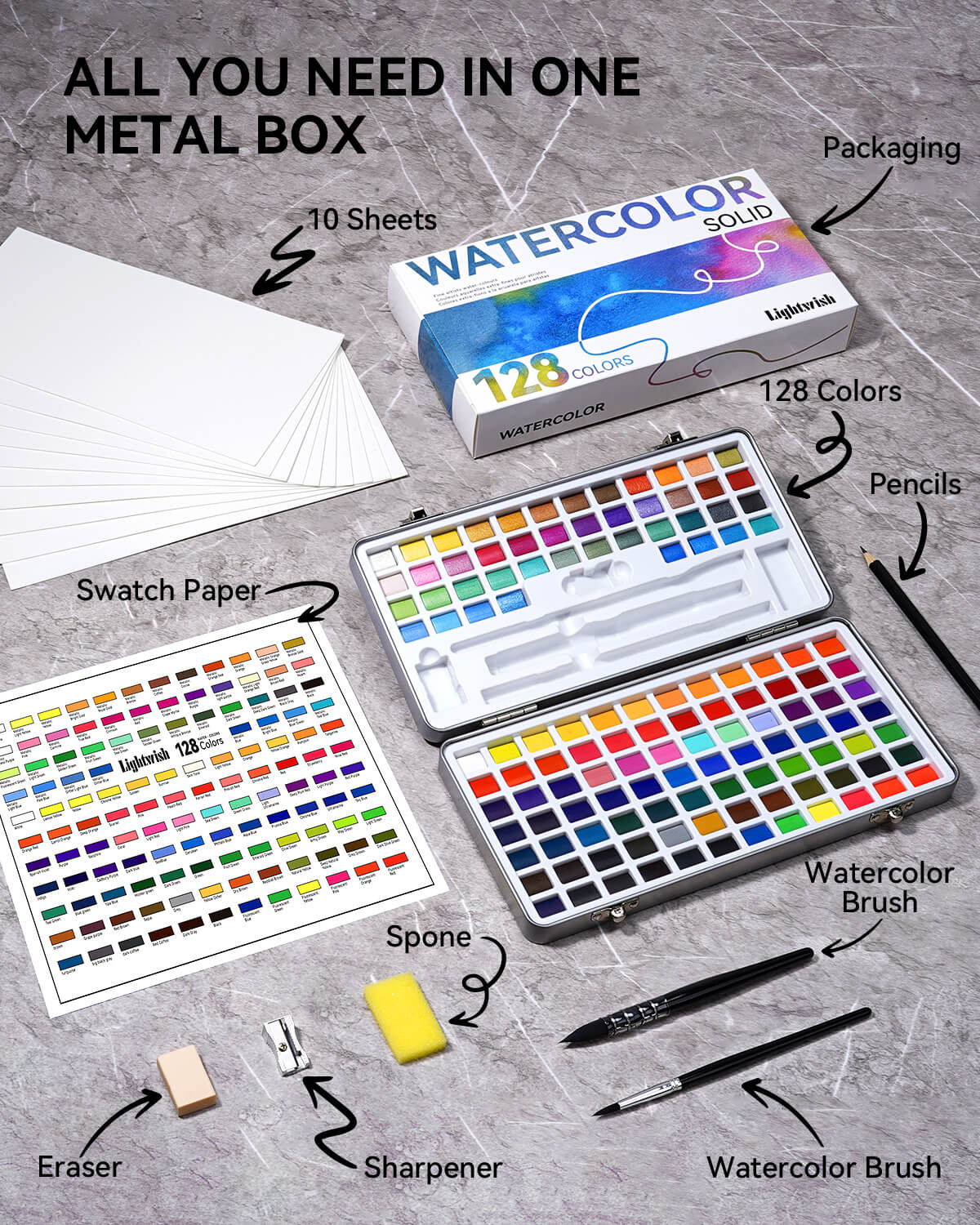 Lightwish Aquarellfarben-Set, 128 Farben, mit Aquarellpapier, Pinsel, Bleistiften, Radiergummis
