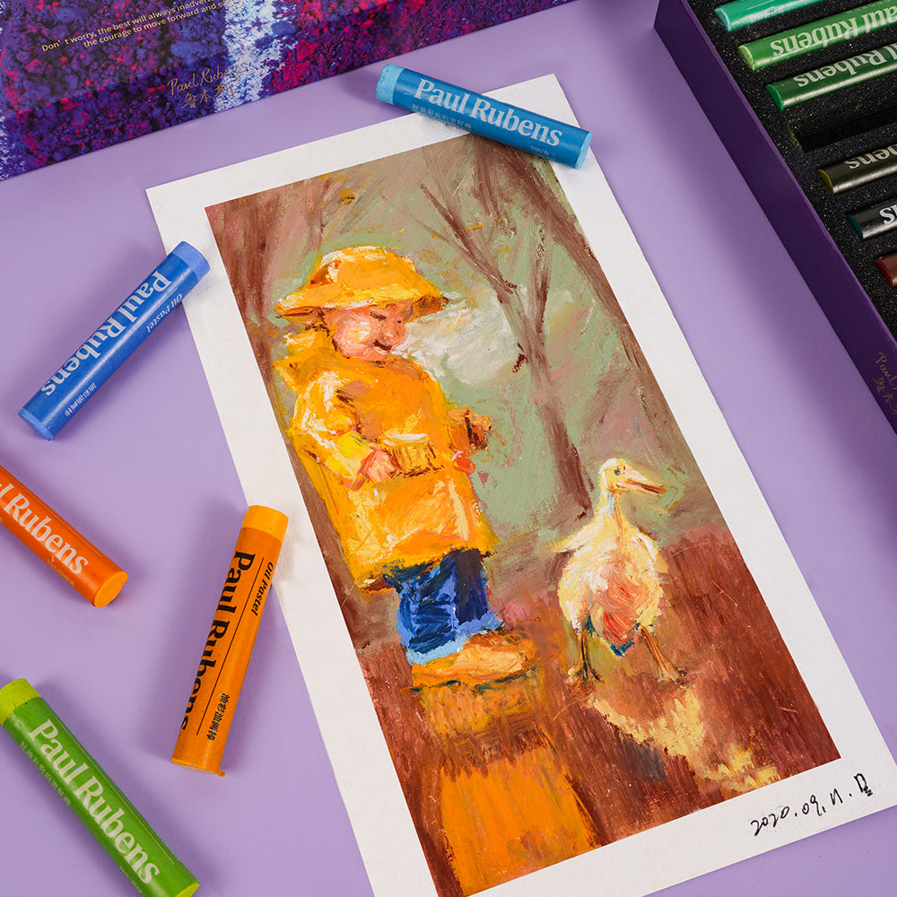A child in a raincoat, a duck in an oil painting