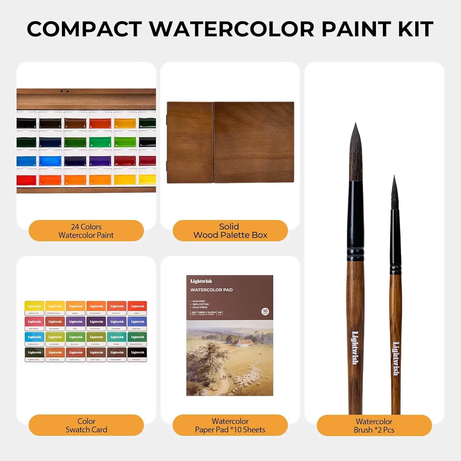24 Colors Semi-Moist Watercolor Paint Box Set with Cotton Paper & Brushes