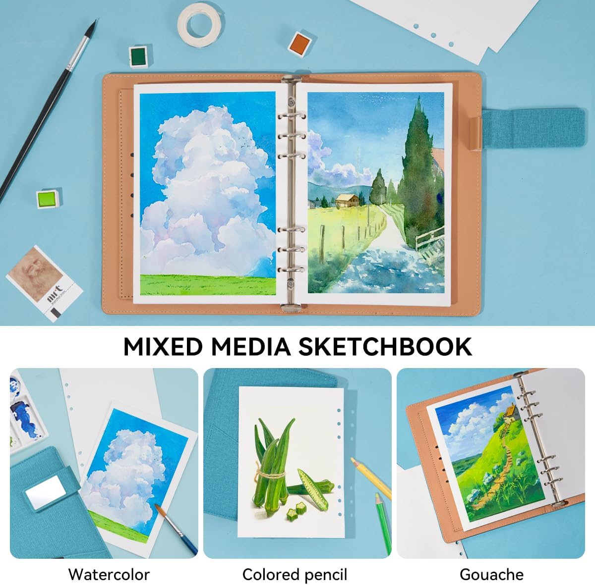 Lightwish Watercolor Sketchbook,100% Cotton Acid Free Watercolor Journal,300gsm/140lb Hot Press Watercolor Paper for Artists,Adults,Students,20 Sheets,9.25 * 6.3 Inches(Cloth Blue)