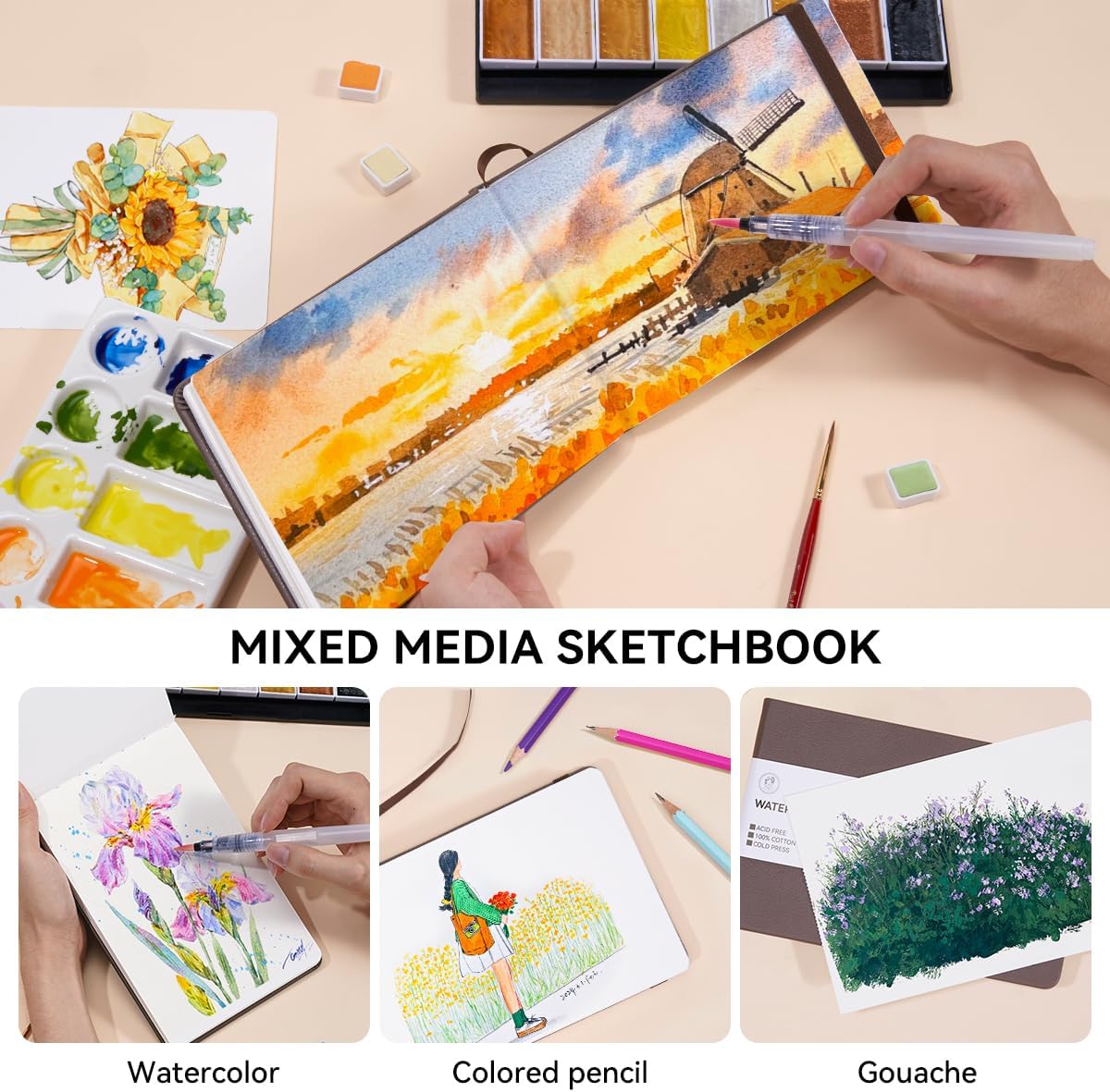 Lightwish Watercolor Journal, 100% Cotton Cold Press Watercolor Paper Sketchbook 7.6” x 5.3”, 20 Sheets (140lb/300gsm), Acid-Free for Watercolors, Gouache, Acrylics