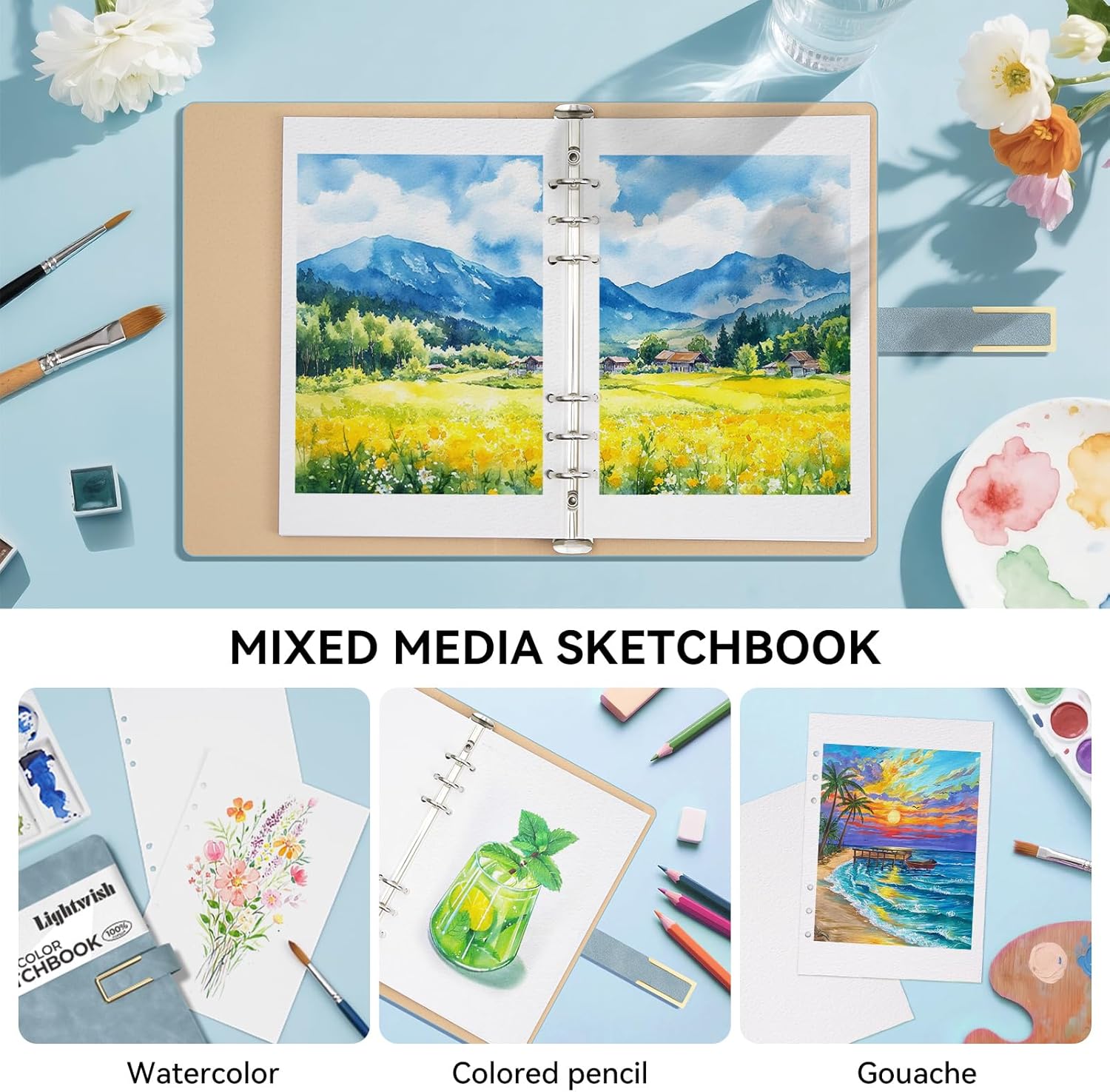 Lightwish Watercolor Sketchbook,100% Cotton Acid Free Watercolor Journal,450gsm Cold Press Watercolor Paper for Artists,Adults,Students,15 Sheets,5.8 * 8.2 Inches Paper