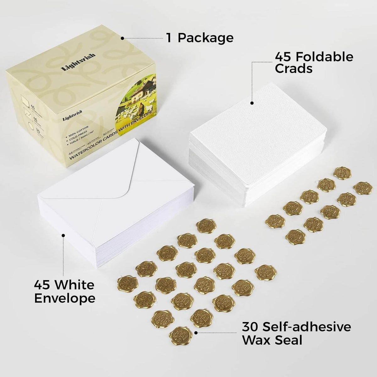 300gsm 100% Cotton Foldable Watercolor Greeting Cards with Envelopes  – Cold Press Blank Cards & 30 Wax Seal Stickers for Painting, Inviting & Gifting