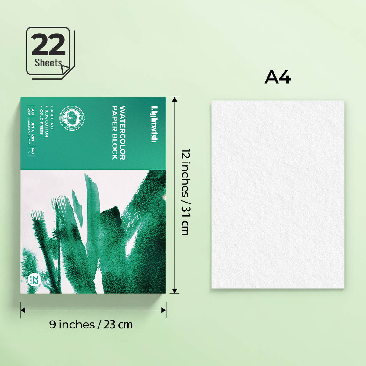 LIGHTWISH 100% Cotton Cold Press Watercolor Paper – 9×12", 300gsm, 22 Sheets