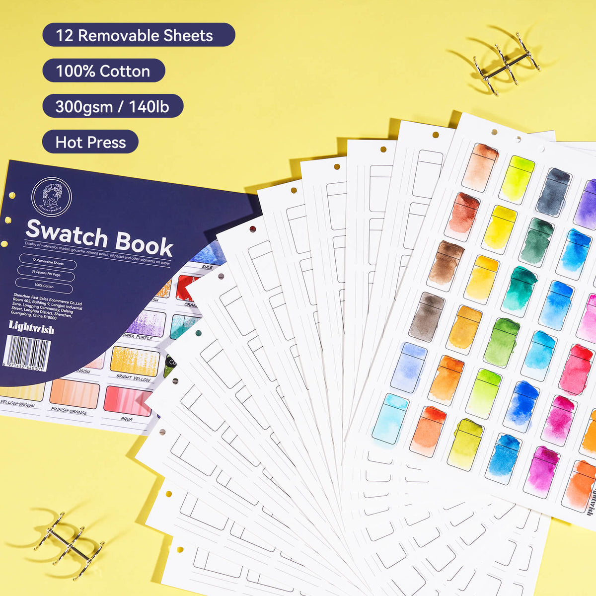 Lightwish Watercolor Swatch Book, 12 sheets, 100% Cotton, 300gsm/140lb, Acid-Free, Hot Press