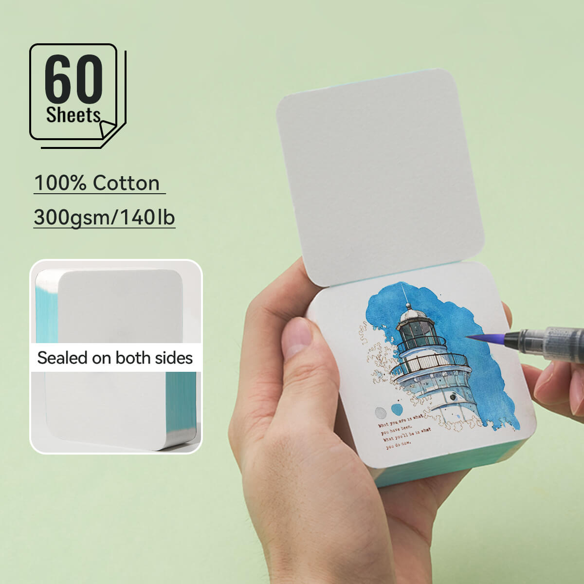 Lightwish – Mini carnet de croquis à l'aquarelle, 60 feuilles, presse à froid, format voyage, portable, déchirable, carré, peinture
