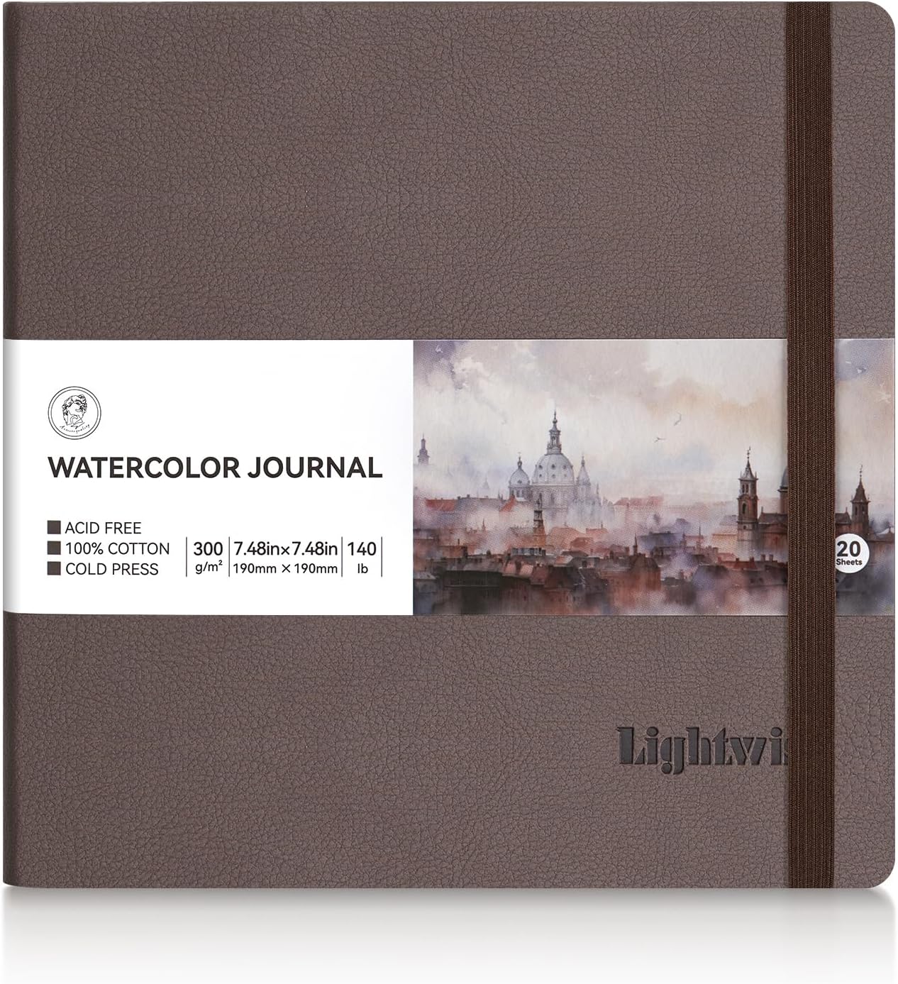 Lightwish Square Watercolor Journal, 100% Cotton Hot Press Watercolor Paper Sketchbook 7.48” x 7.48”, 20 Sheets (140lb/300gsm), Acid-Free for Watercolors, Gouache, Acrylics