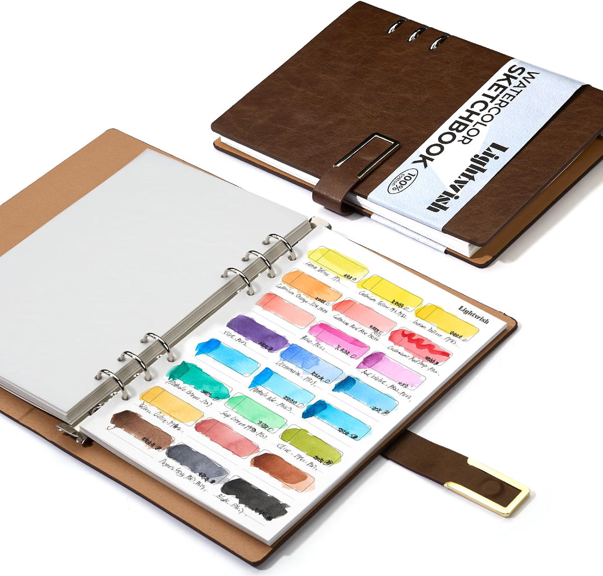 Lightwish Watercolor Swatch Book - 20 Detachable 100% Cotton Sheets 24 Spaces,5.8 * 8.2 in,300gsm/140lb Hot Press for Watercolor, Gouache, Oil Pastels - Loose-Leaf Binder Color Testing Journal