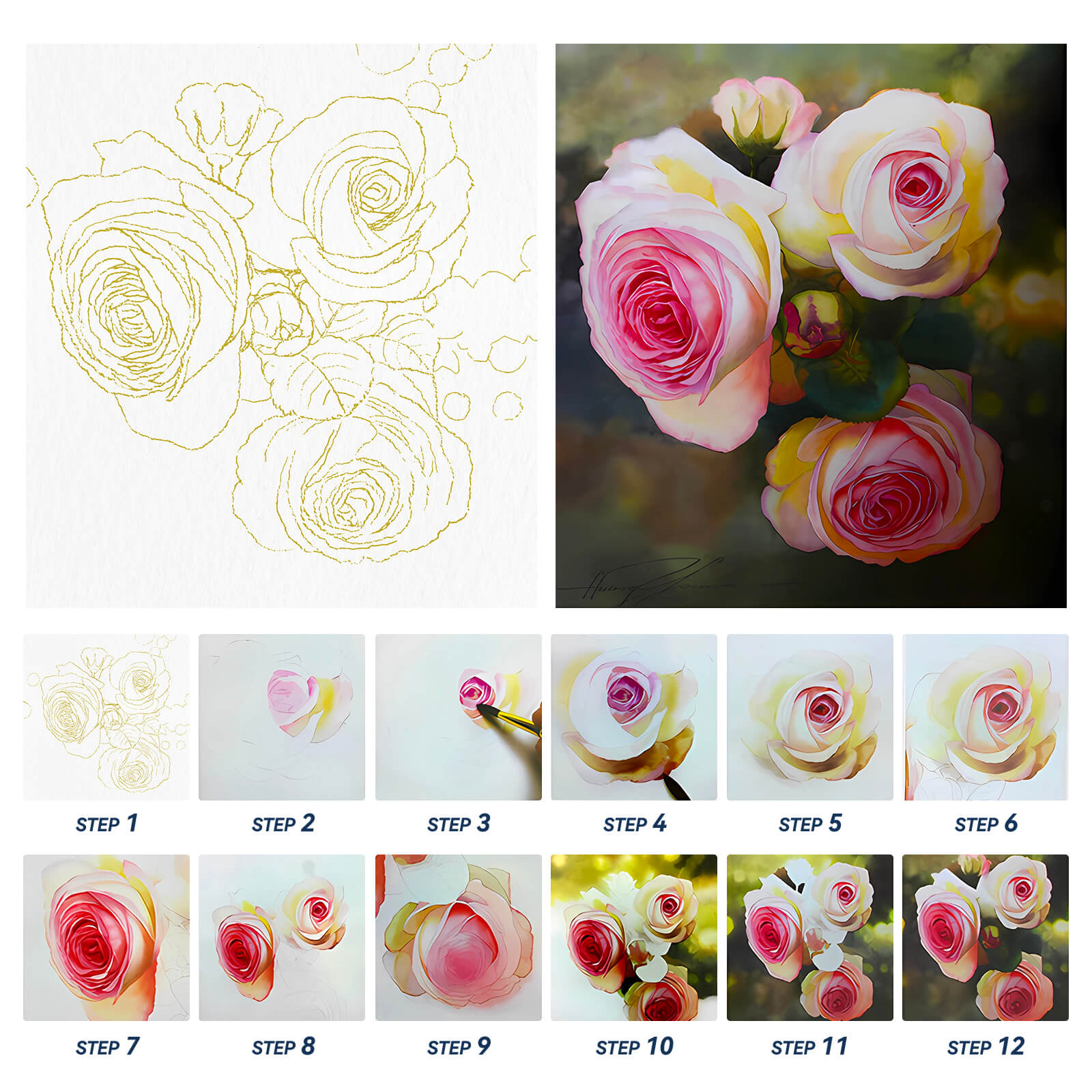 Aquarell-Malpapier von Paul Rubens, 12 einzigartige Rosen-Strichzeichnungen