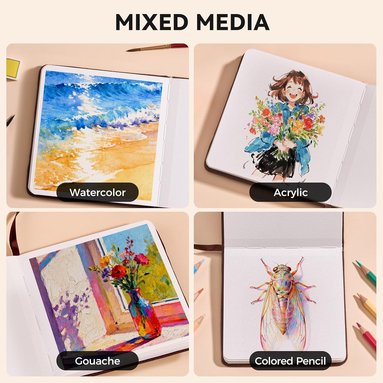 Watercolor Journal - 100% Cotton Cold Press Paper | 20 Sheets 40 Pages | 300GSM (140lb) | Linen Cotton Cover Watercolor Sketch Books for Artists Painting,Mixed Media 4.72 x 4.72 in