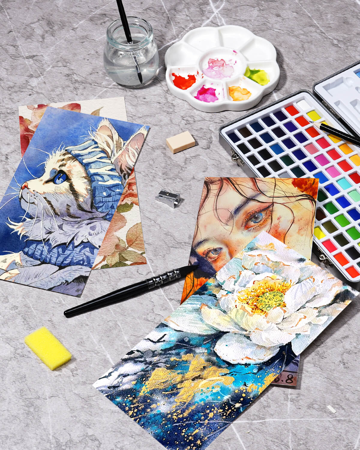 Lightwish Aquarellfarben-Set, 128 Farben, mit Aquarellpapier, Pinsel, Bleistiften, Radiergummis