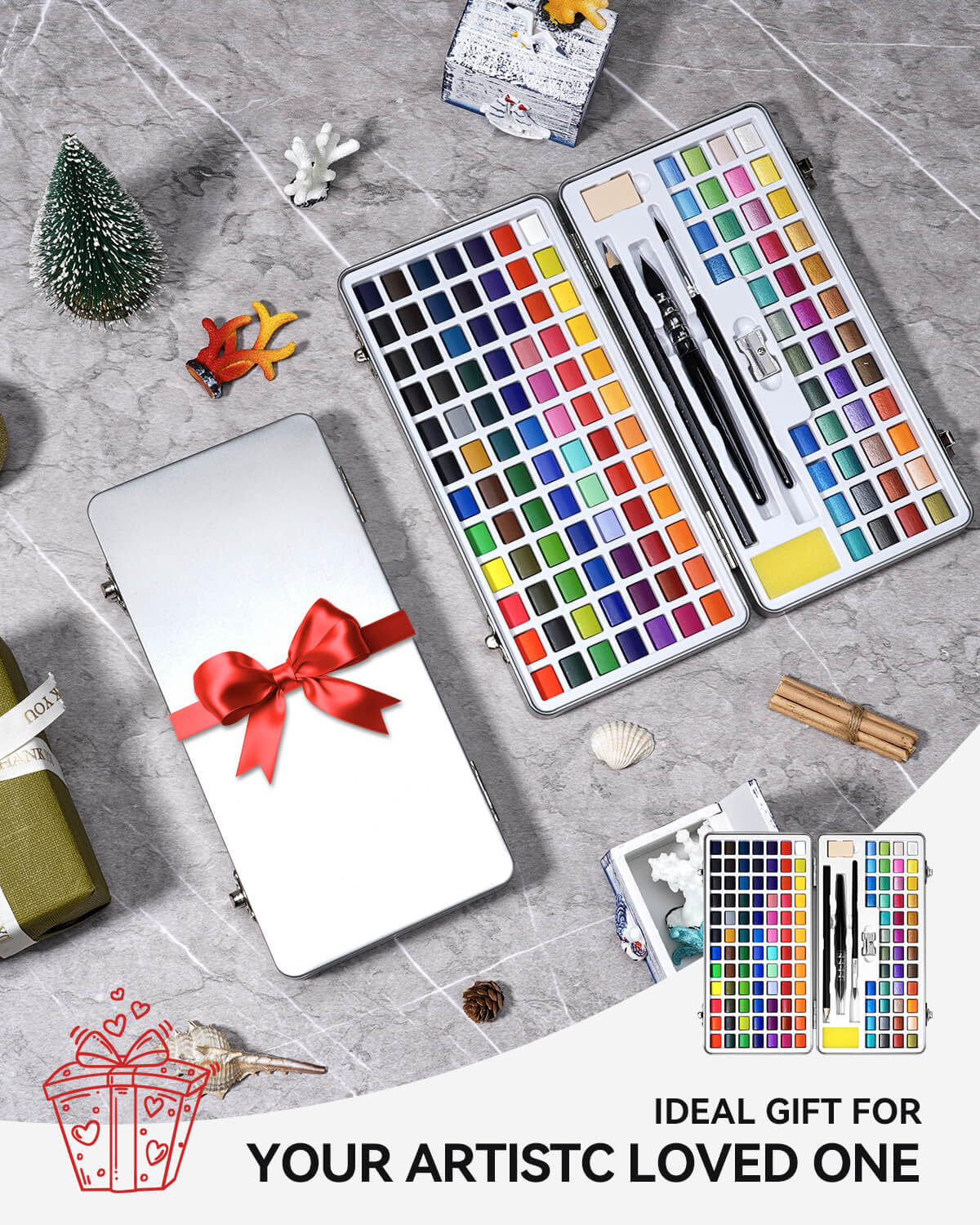 Lightwish Aquarellfarben-Set, 128 Farben, mit Aquarellpapier, Pinsel, Bleistiften, Radiergummis