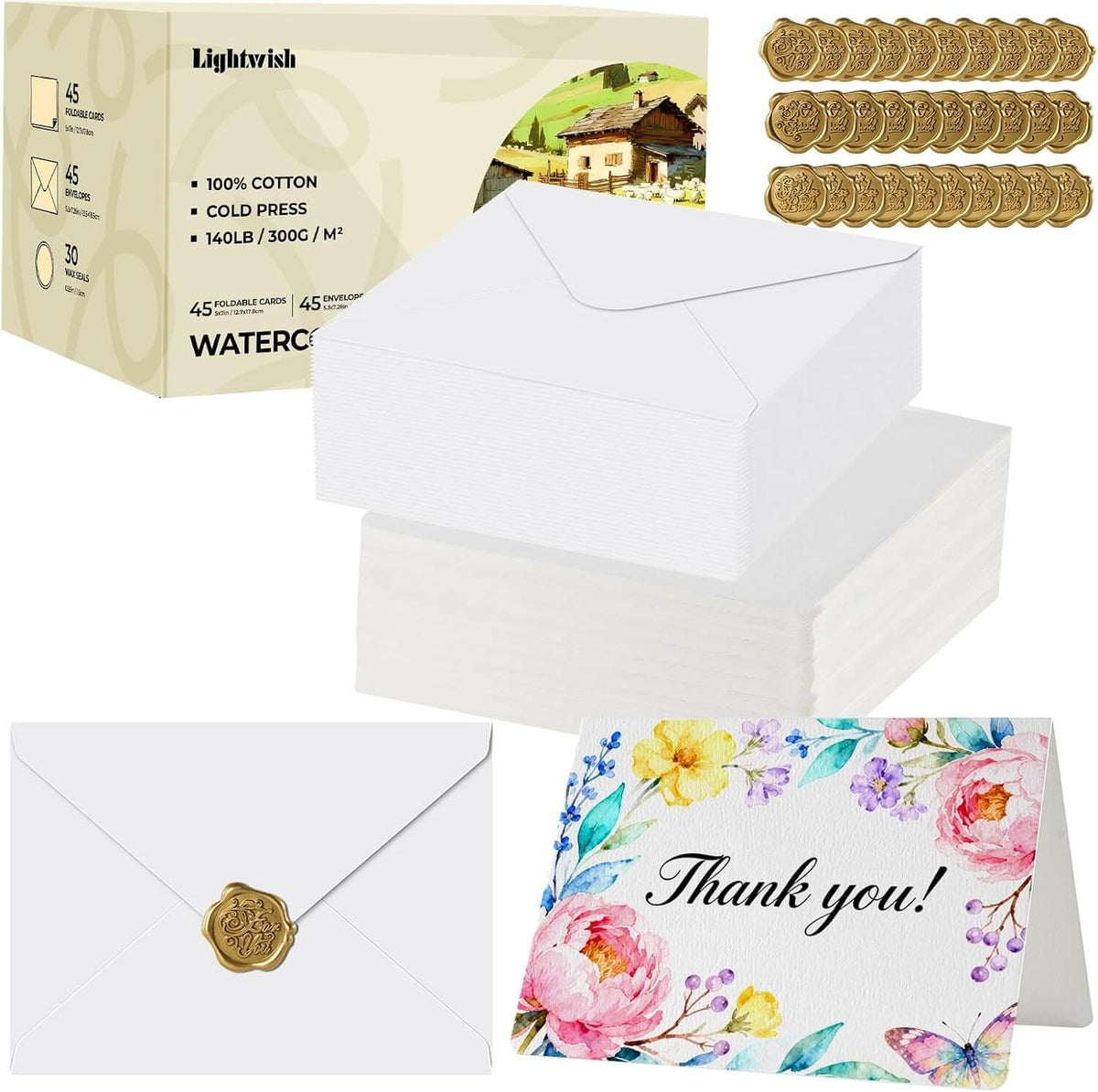300gsm 100% Cotton Foldable Watercolor Greeting Cards with Envelopes  – Cold Press Blank Cards & 30 Wax Seal Stickers for Painting, Inviting & Gifting